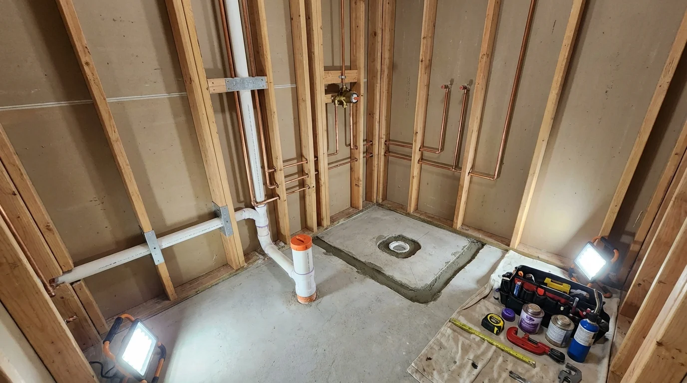 Bathroom rough-in plumbing during remodel by Johns Plumbing LLC in Guttenberg