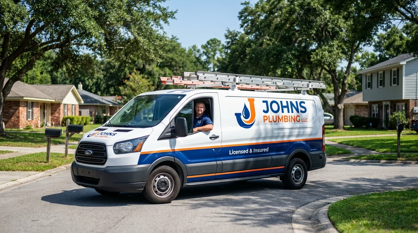 Johns Plumbing LLC service van in Guttenberg, IA