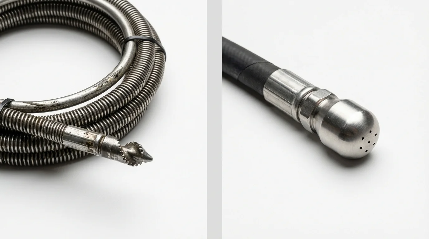 Drain snake cable and hydro jetting nozzle used for drain cleaning in Guttenberg, IA