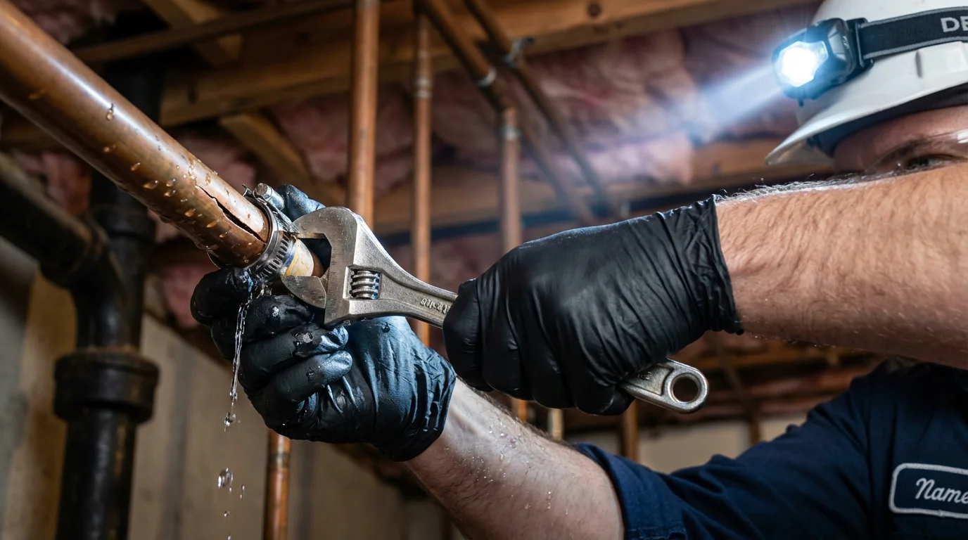 Emergency pipe clamp repair being performed by a Johns Plumbing LLC plumber in Guttenberg