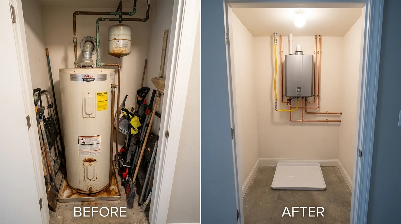 Tank water heater versus wall-mounted tankless unit comparison for Guttenberg, IA homeowners