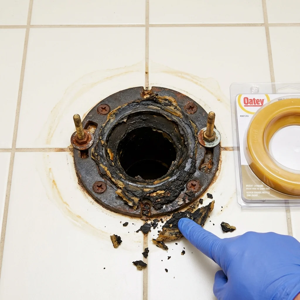 Failed wax ring showing water seepage at the base of a toilet in a Guttenberg, IA home