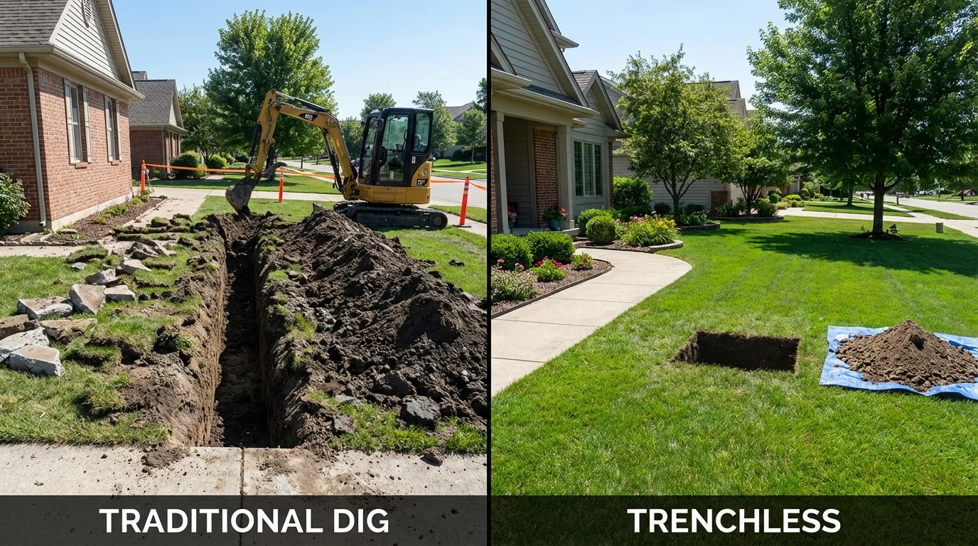Trenchless sewer repair with minimal yard damage versus traditional excavation in Guttenberg, IA