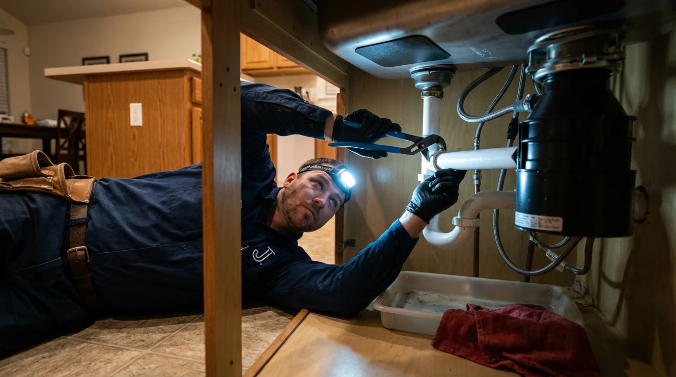 P-trap and supply line connections under a kitchen sink showing a common leak point in Guttenberg, IA